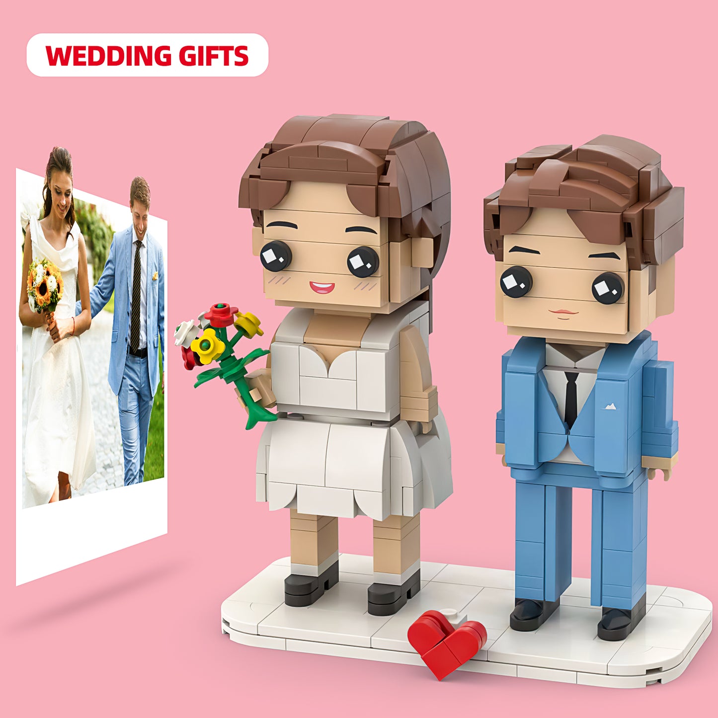 Custom Couple Brick Figures: Fully-Detailed Full-Body Photo-Based Design with Signature & Flower Bouquet | Romantic Accents & Red Heart Brick Details | Perfect for Couples, Spouses, and Wedding