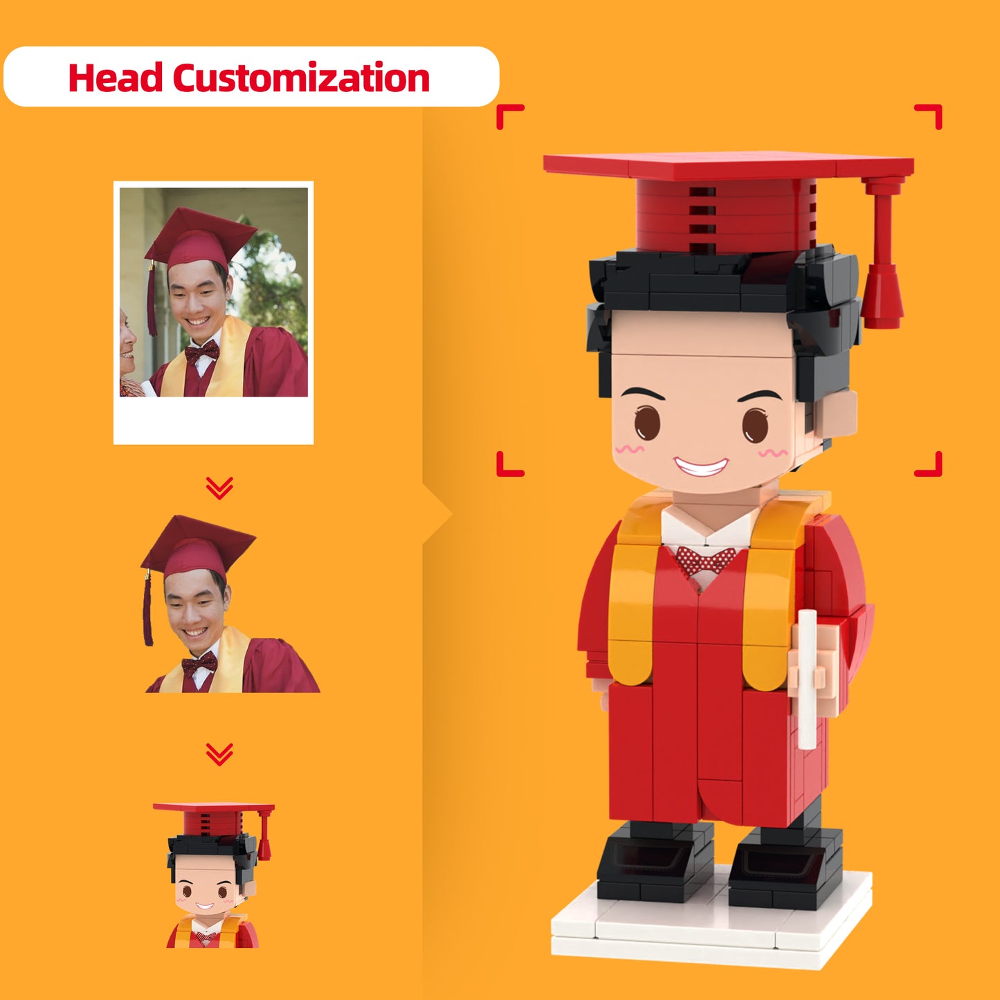 Red Graduation Gown, Polka Dot Bowtie, Red Cap & Diploma | Custom Graduate Brick Figure: Personalize the Head with Your Photo | Unique Mini Figure Gift for Him