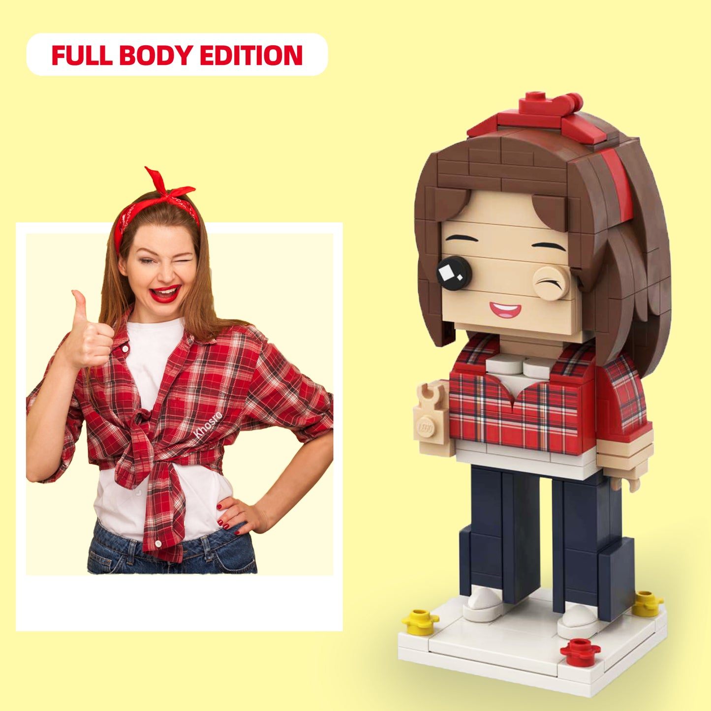 Personalized Full-Body Brick Figure: Highlight Your Cheerful Red Headband and Plaid Look