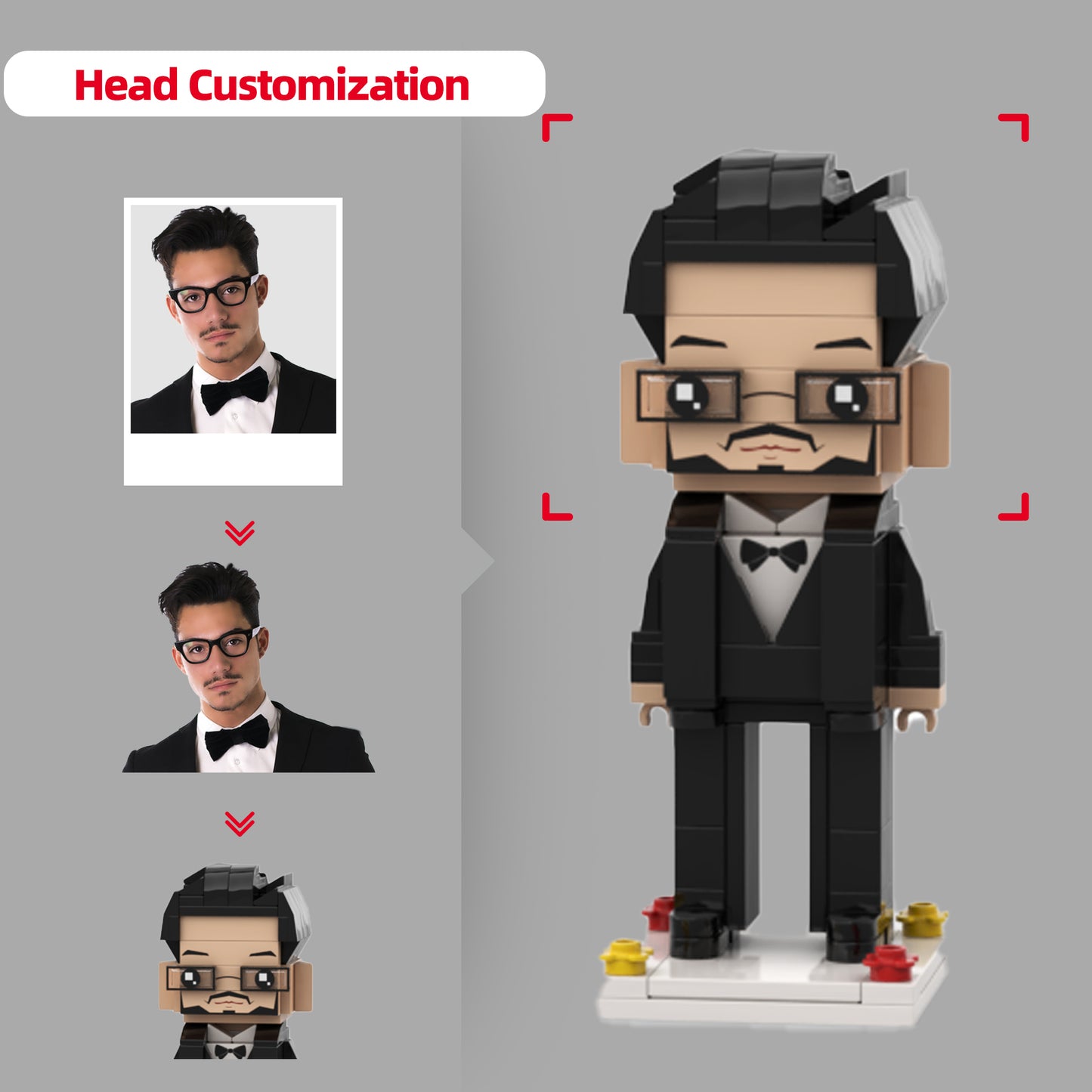 Elegant Black Suit & Bow Tie | Custom Brick Figure: Personalize the Head with Your Photo | Unique Mini Figure Gift for Him