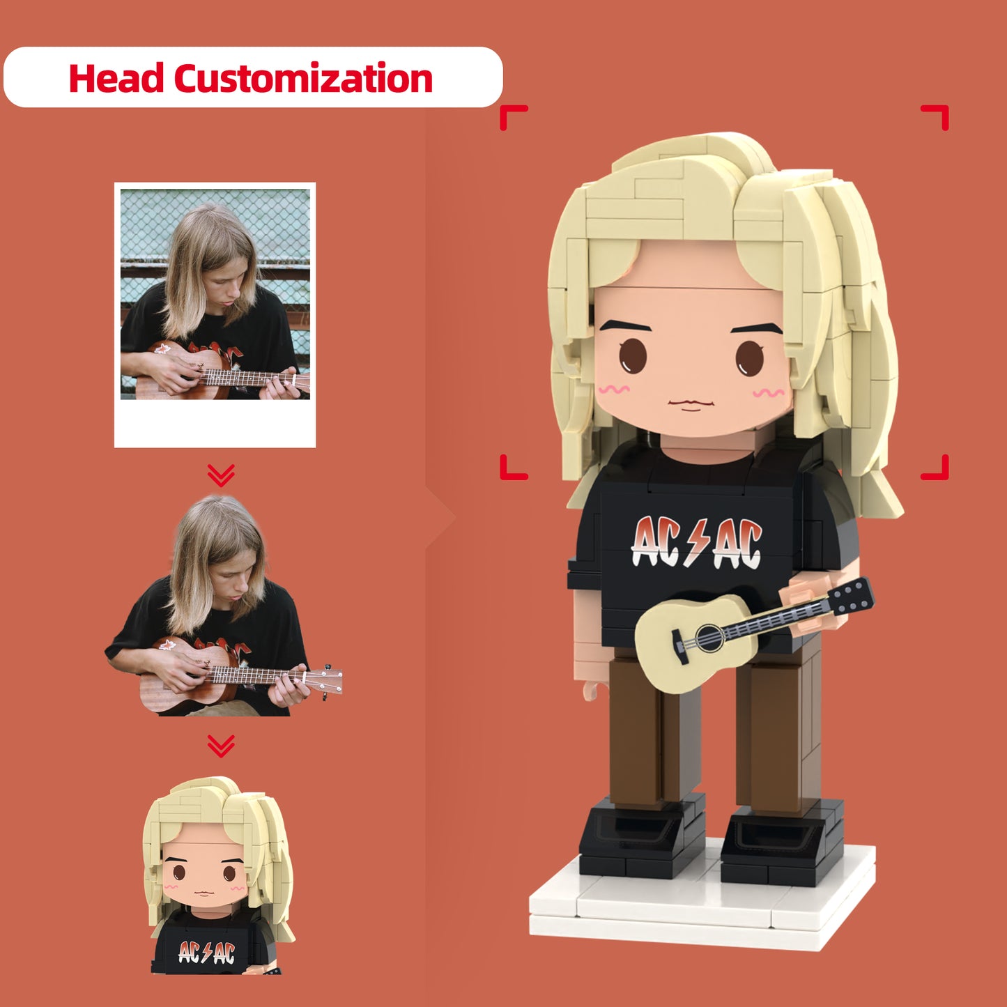 AC/DC Lightning Bolt T-Shirt & Guitarist Brick Figure: Personalize the Head with Your Photo | Unique Mini Figure with Fixed Guitar Design for Music Fans