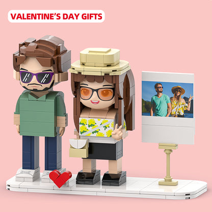 Double Chibi Brick Figures with Polaroid-Style Photo Frame - Custom Gifts for Special Moments