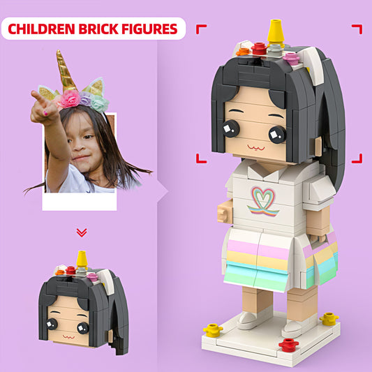 Rainbow Heart T-Shirt & Princess Cake Skirt | Custom Square-Head Brick Figure: Personalize the Head with Your Photo | Unique Mini Figure Gift for Girls