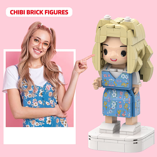 Custom Chibi Brick Figure: Single-Person Full-Body Photo-Based Design with Cute, Detailed Floral Dress | Personalized Mini Figure Building Blocks Gift