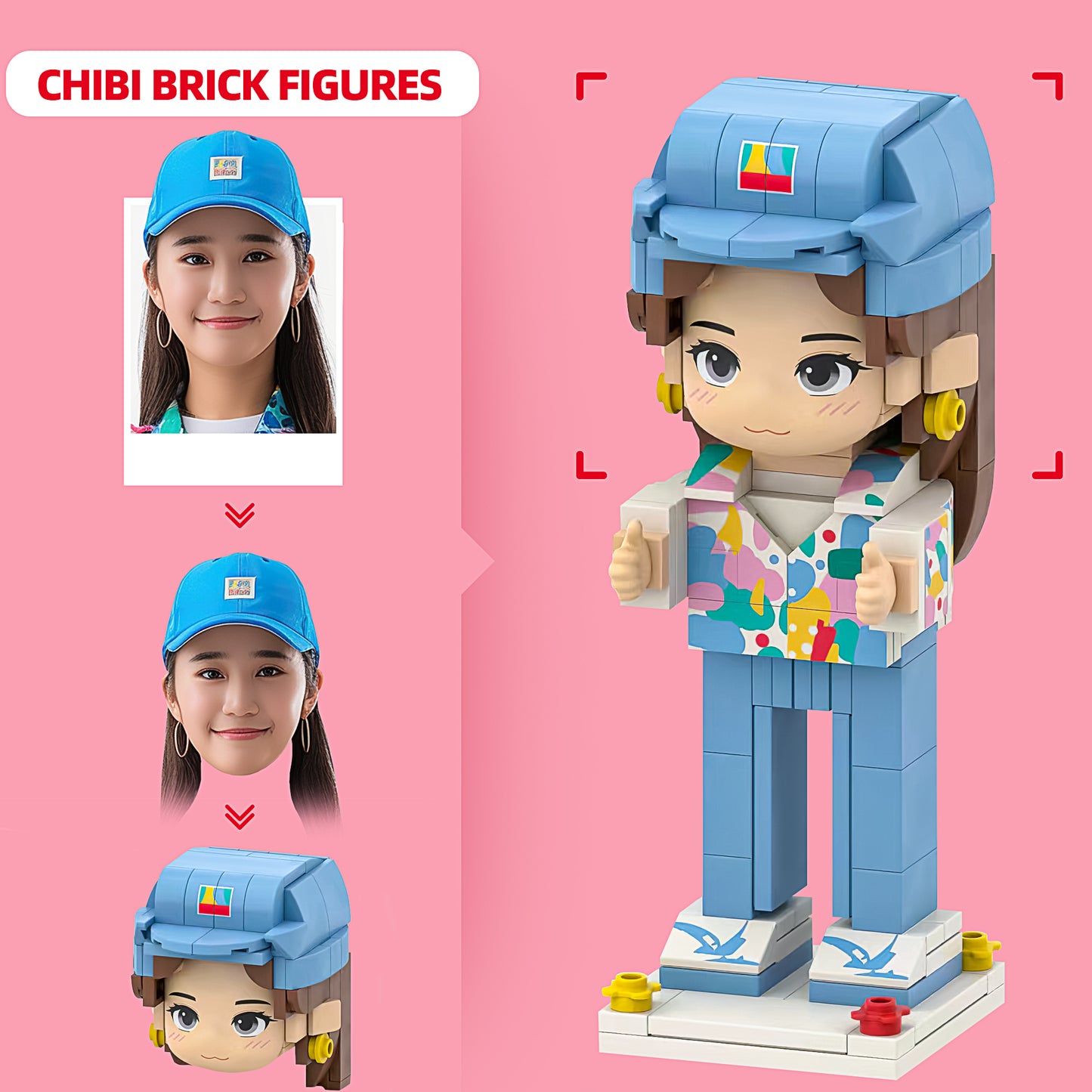 Custom Chibi Brick Figure: Single-Person Head Customization with Detailed Floral Shirt, Blue Hat, and Thumbs-Up Gesture | Personalized Mini Figure Building Blocks Gift