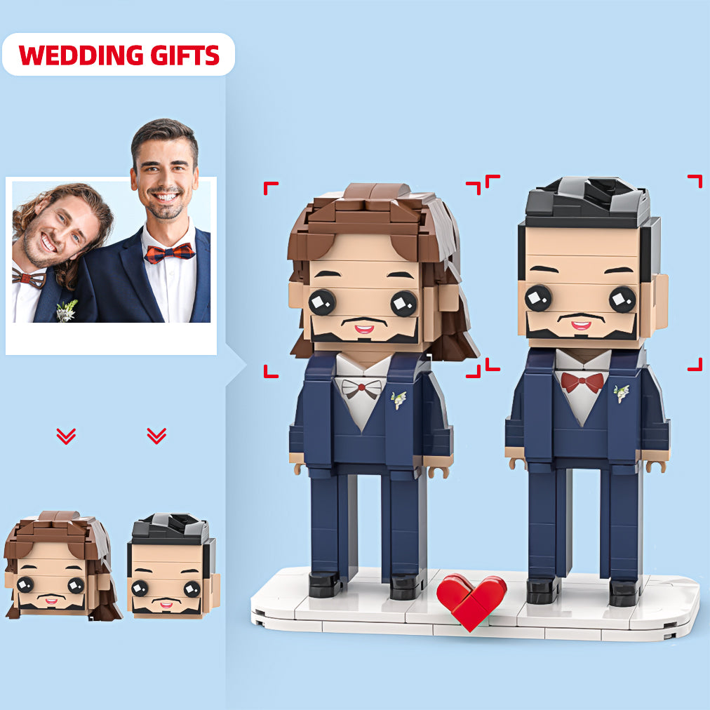 Stylish Male Wedding Brick Figures in Suits - Customizable Heads for a Unique Same-Sex Keepsake