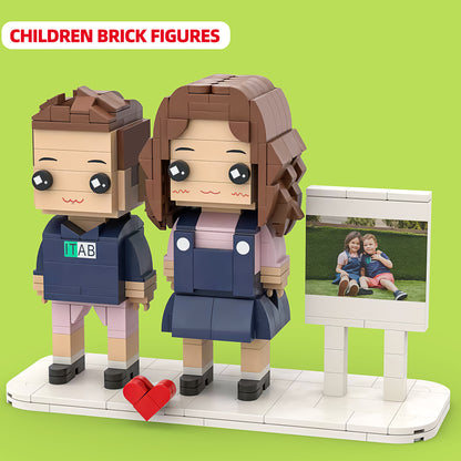 Custom Full-Body Brick Figures of Two Children with Personalized Photo Frame Base - Perfect Keepsake Gift