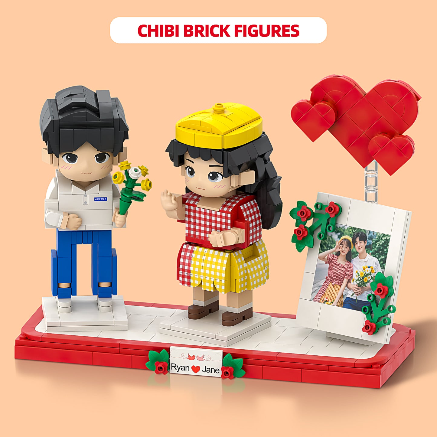 Custom Couple Chibi Brick Figures: Fully-Detailed Full-Body Photo-Based Design with Signature, Polaroid Frame Base, and Romantic Red Heart Accents | Perfect Gift for Boyfriends, Girlfriends, Couples, and Parents