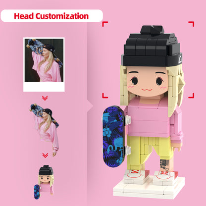 Pink Sports Outfit, Black Hat & Skateboard | Custom Girl Brick Figure: Personalize the Head with Your Photo | Unique Mini Figure Gift for Her