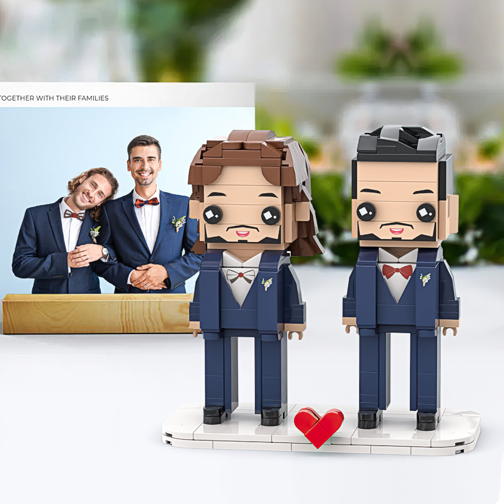 Stylish Male Wedding Brick Figures in Suits - Customizable Heads for a Unique Same-Sex Keepsake