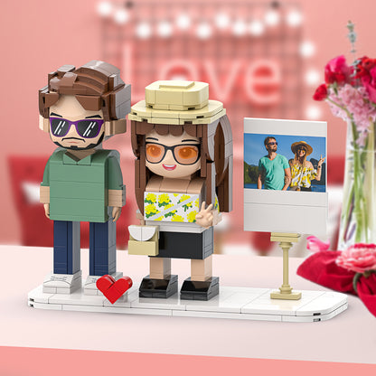 Double Chibi Brick Figures with Polaroid-Style Photo Frame - Custom Gifts for Special Moments