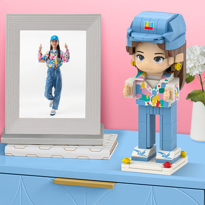 Custom Chibi Brick Figure: Single-Person Head Customization with Detailed Floral Shirt, Blue Hat, and Thumbs-Up Gesture | Personalized Mini Figure Building Blocks Gift