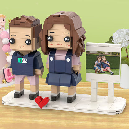 Custom Full-Body Brick Figures of Two Children with Personalized Photo Frame Base - Perfect Keepsake Gift