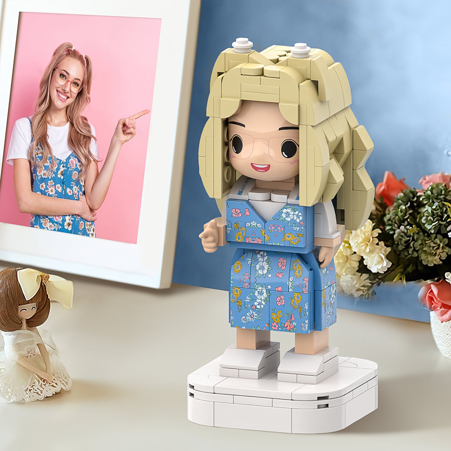 Custom Chibi Brick Figure: Single-Person Full-Body Photo-Based Design with Cute, Detailed Floral Dress | Personalized Mini Figure Building Blocks Gift